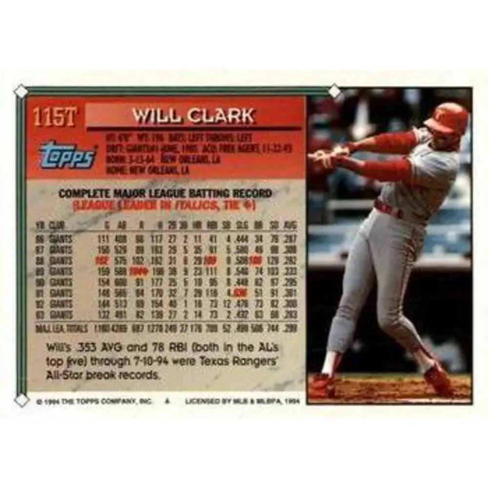 1994 Topps Traded Will Clark 115T Texas Rangers